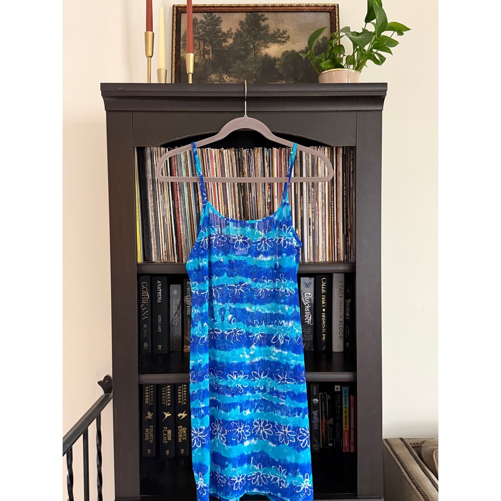 Sassafras Vintage Y2K Mesh Floral Mini Dress M Blue Tie Dye Sheer Coverup 90s